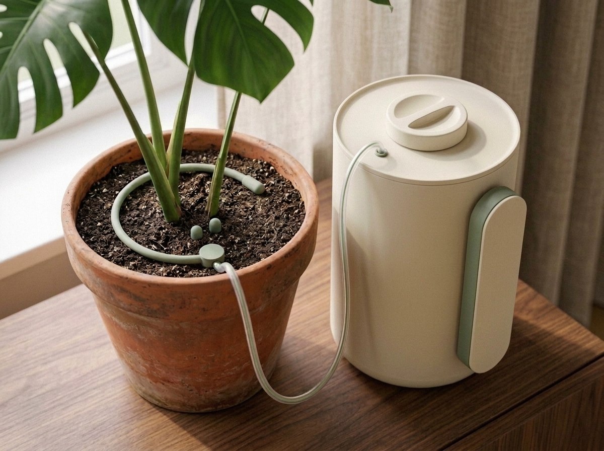 Arrosée sensor watering unit beside a potted monstera, tube and sensor ring on the soil