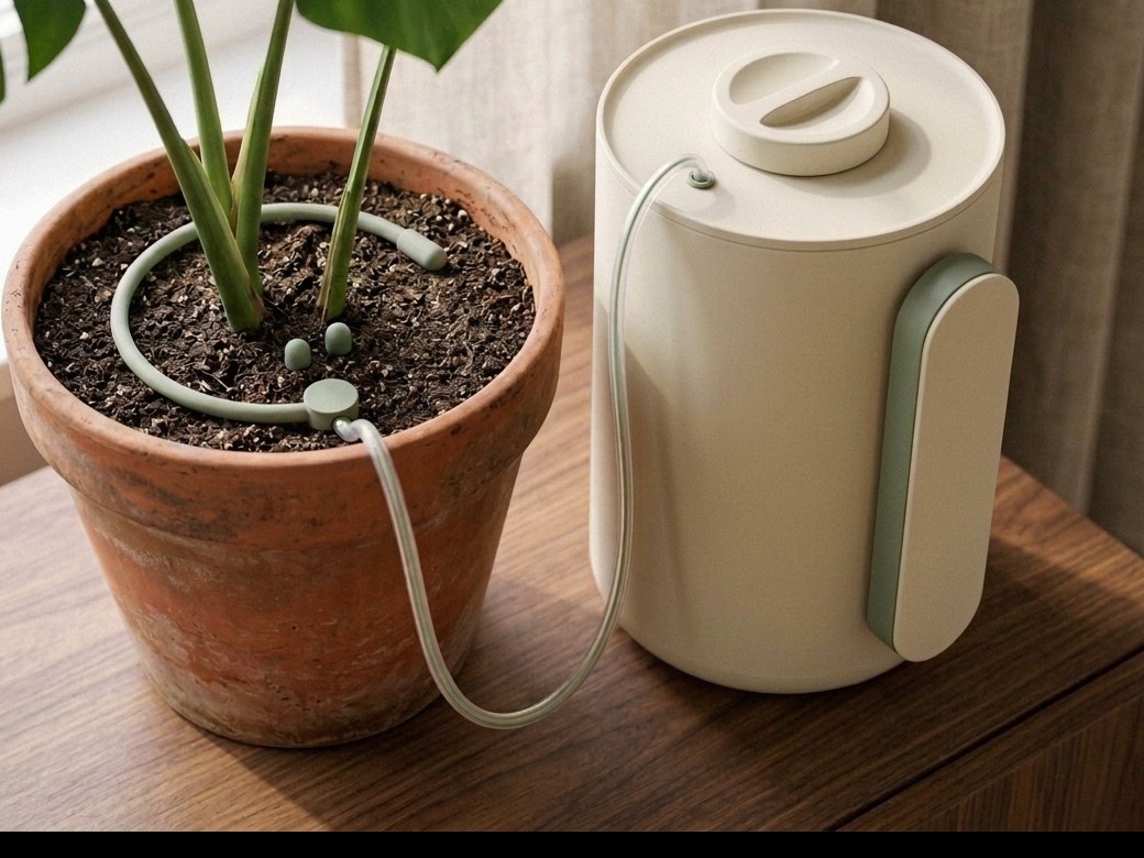 Arrosée watering unit next to a monstera on a wooden sideboard